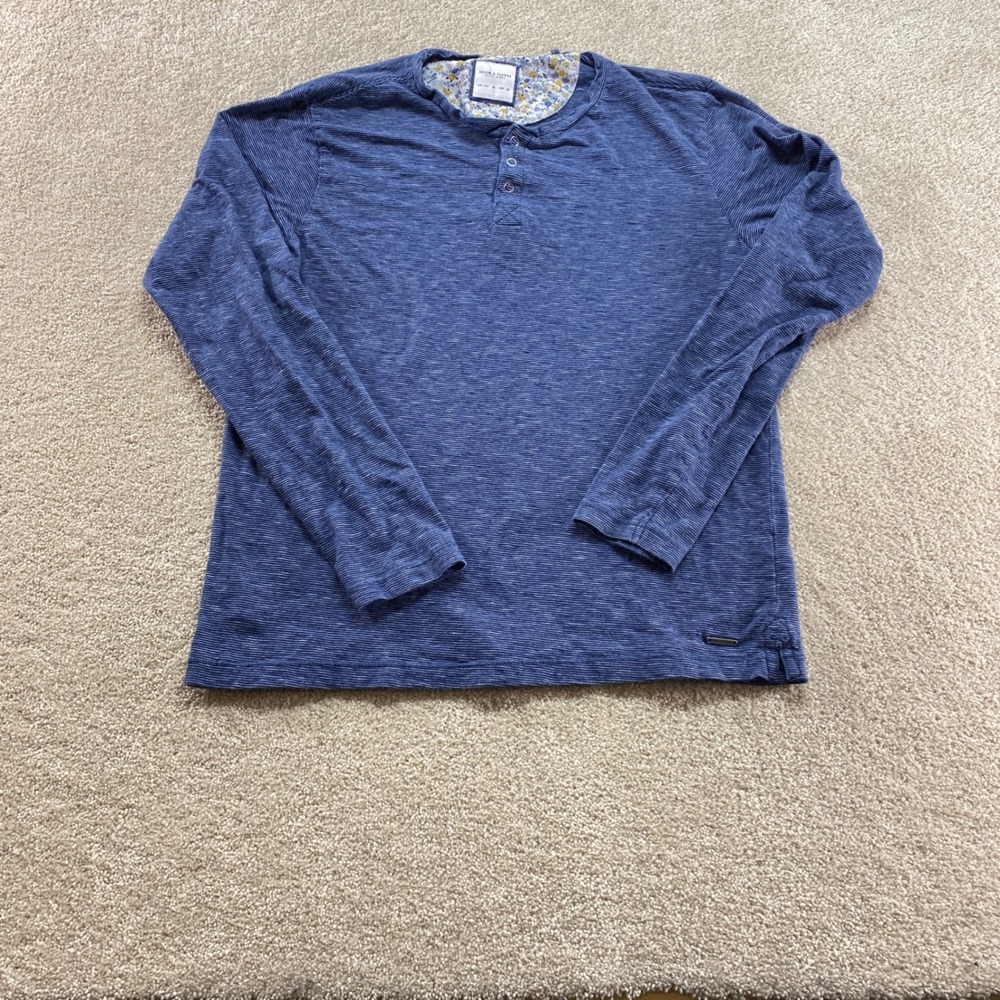 Denim & Flower Henley Shirt Mens Medium Blue Striped Long Sleeve Excellent Slub